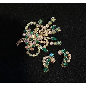 1940-50's Austria Crystal Pin & Earrings Set Blue Green